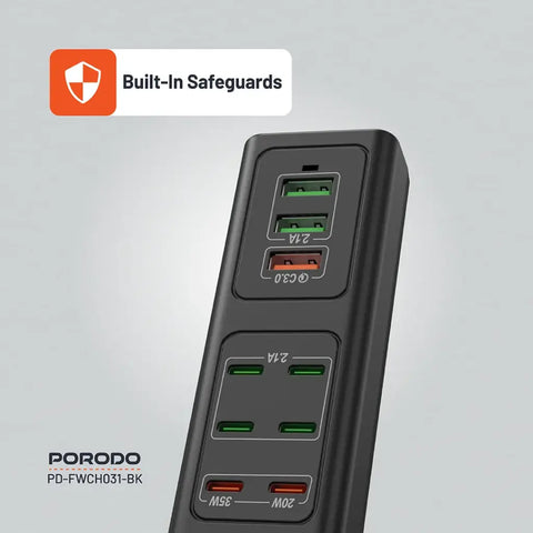 Porodo 85W X6 PD X3 USB Fast Charging Strip UK (2m Wire) - Black