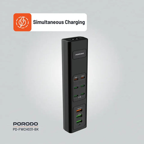 Porodo 85W X6 PD X3 USB Fast Charging Strip UK (2m Wire) - Black