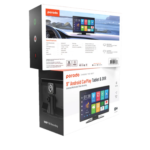 جهاز بورودو 9 إنش أندرويد كار بلاي تابلت مع DVR وGPS وذاكرة 4GB RAM و64GB تخزين - أسود