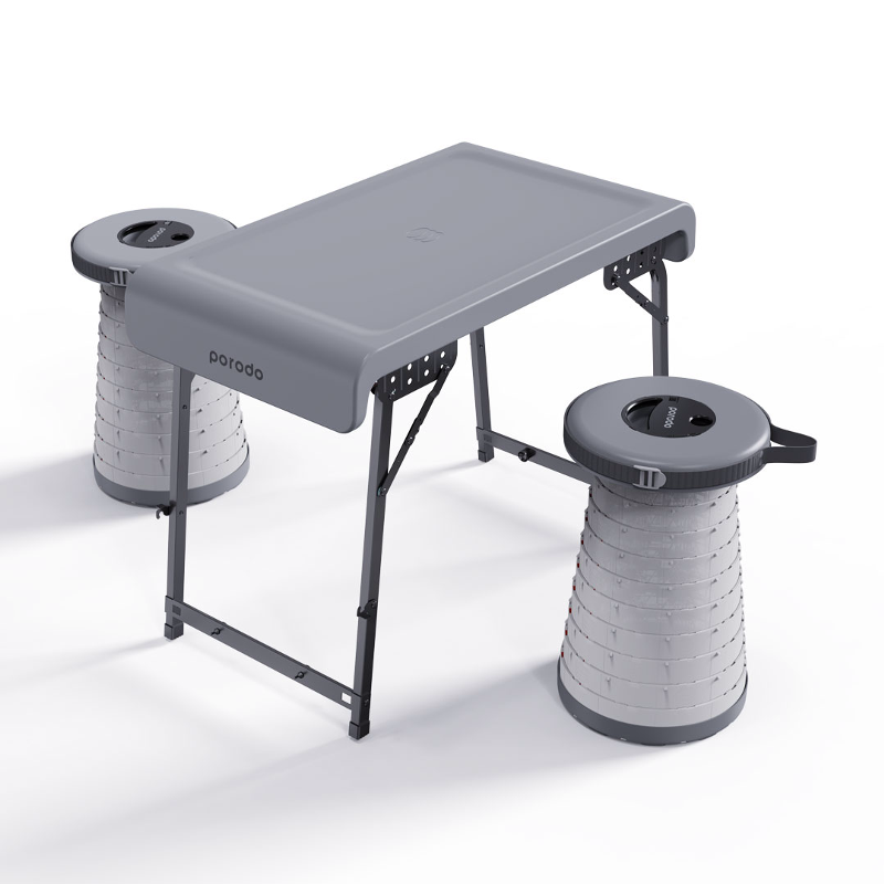 Porodo, Camping Foldable Desk and LED (White/Yellow) Stool Set - Grey