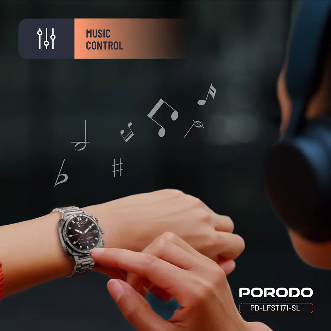 Porodo Chrono Steel Smart Watch with AMOLED Display, Bluetooth Calling & IP68 - Silver