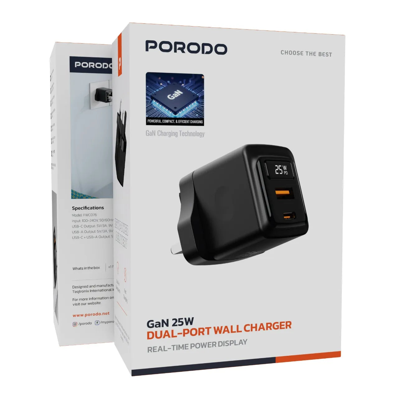 Porodo GaN 25W Dual-Port (USB-C PD + USB-A) Wall Charger – Black