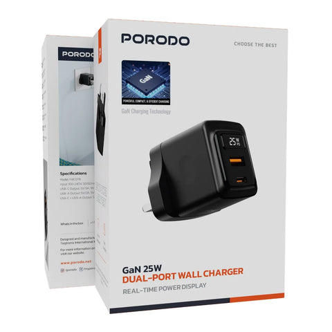Porodo GaN 25W Dual-Port (USB-C PD + USB-A) Wall Charger – Black