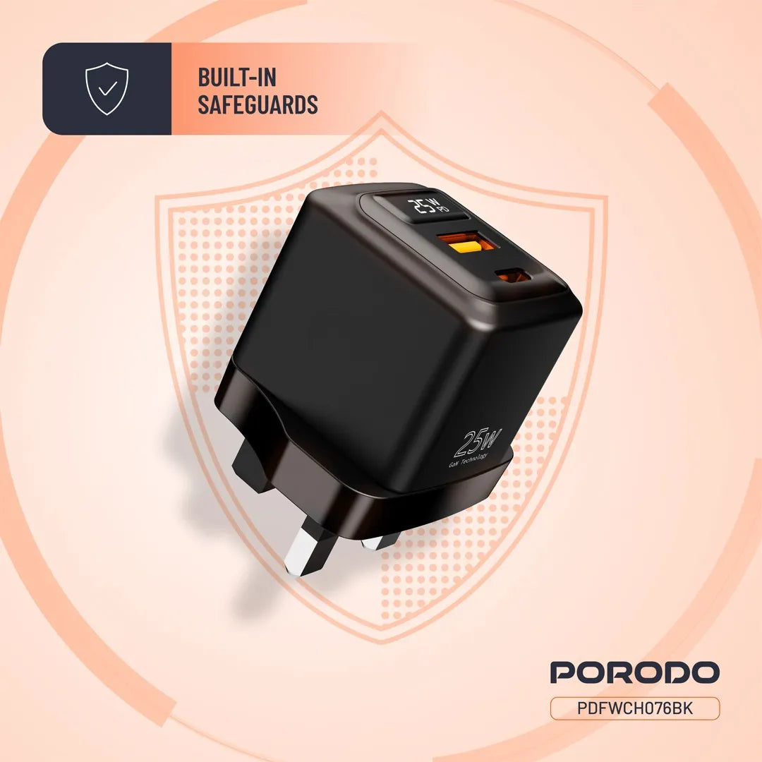 Porodo GaN 25W Dual-Port (USB-C PD + USB-A) Wall Charger – Black