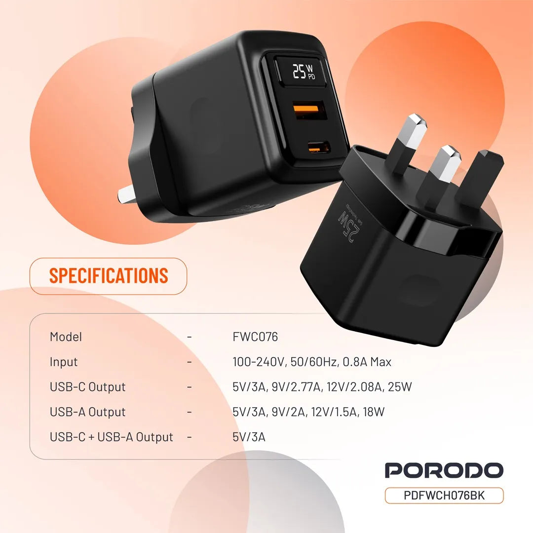 Porodo GaN 25W Dual-Port (USB-C PD + USB-A) Wall Charger – Black