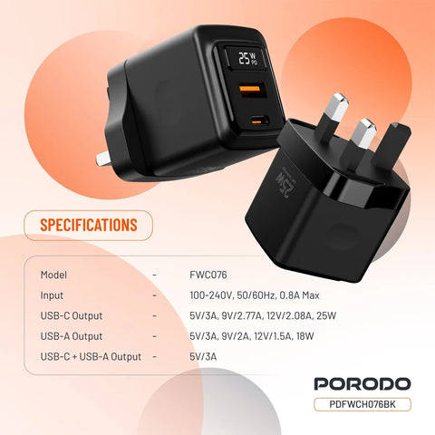 Porodo GaN 25W Dual-Port (USB-C PD + USB-A) Wall Charger – Black