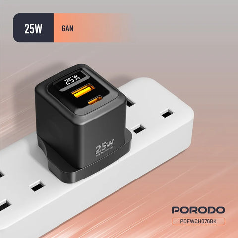 Porodo GaN 25W Dual-Port (USB-C PD + USB-A) Wall Charger – Black