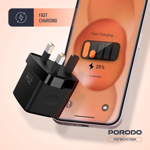 Porodo GaN 25W Dual-Port (USB-C PD + USB-A) Wall Charger – Black