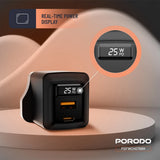 Porodo GaN 25W Dual-Port (USB-C PD + USB-A) Wall Charger – Black