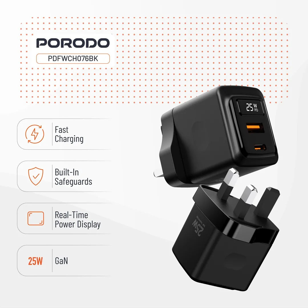 Porodo GaN 25W Dual-Port (USB-C PD + USB-A) Wall Charger – Black