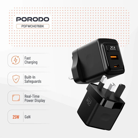 Porodo GaN 25W Dual-Port (USB-C PD + USB-A) Wall Charger – Black