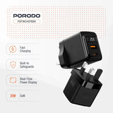 Porodo GaN 25W Dual-Port (USB-C PD + USB-A) Wall Charger – Black