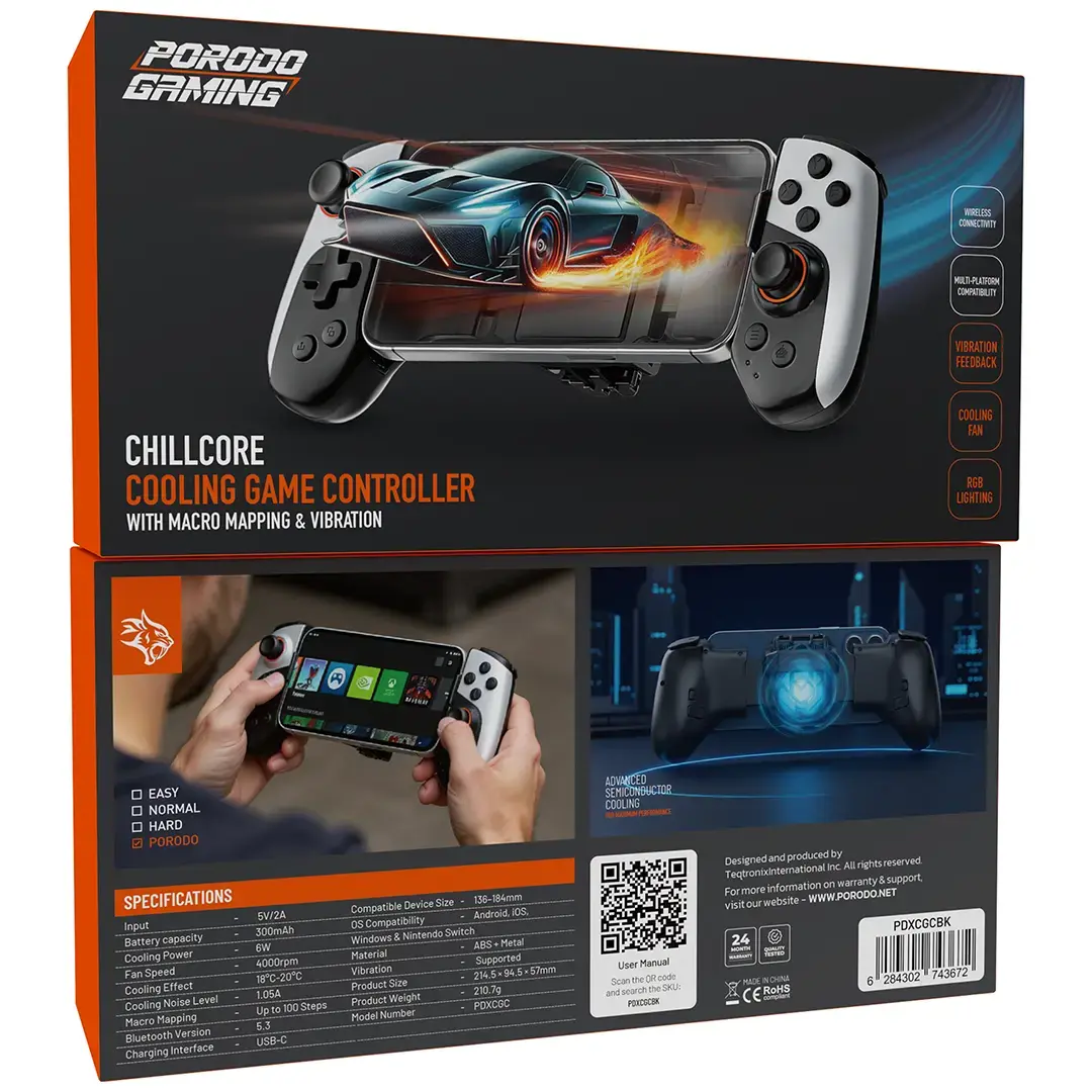 Porodo, Chillcore Gaming Controller with Active Cooling, Macro Mapping & Vibration – Black