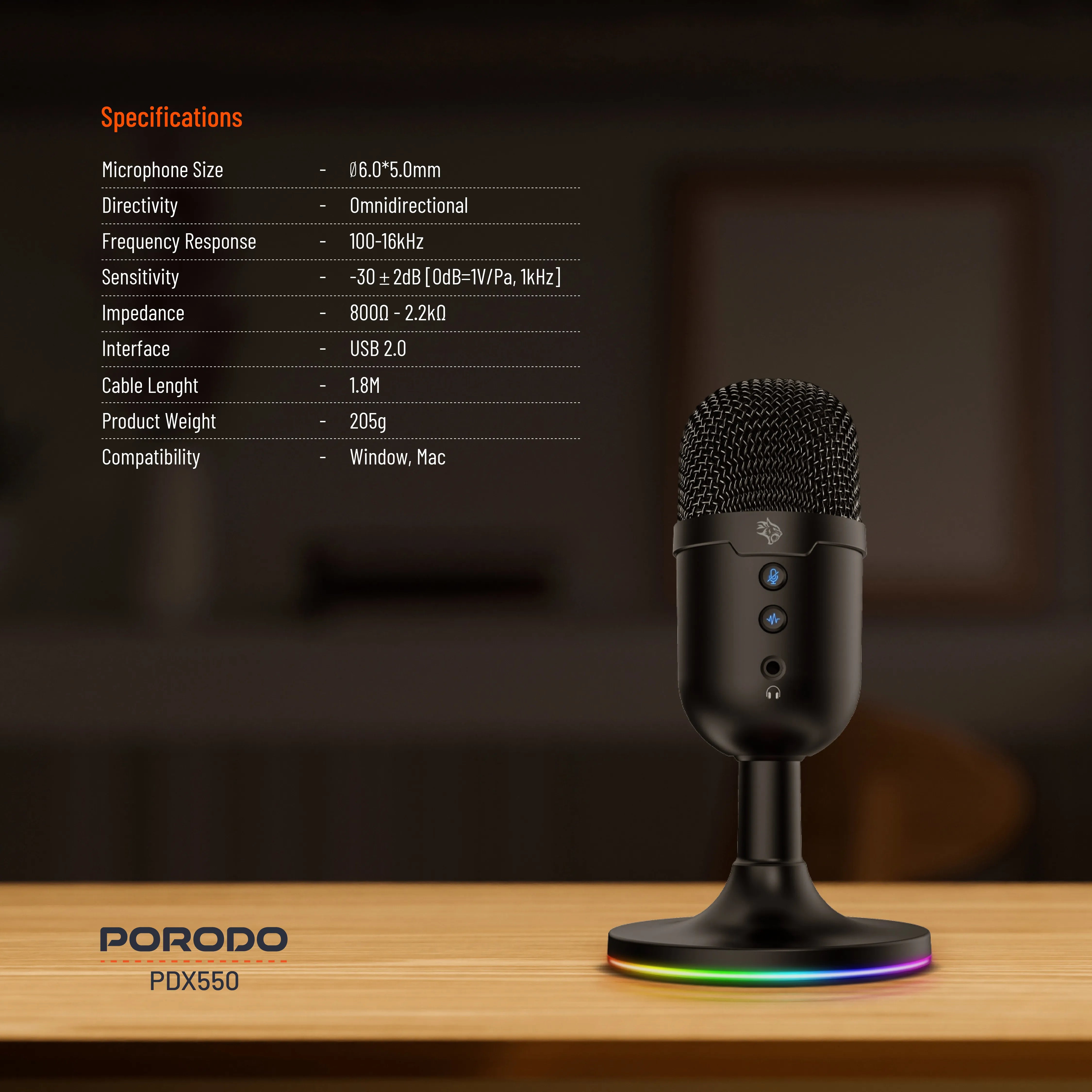 Porodo Gaming Omni-Directional USB Microphone - Black