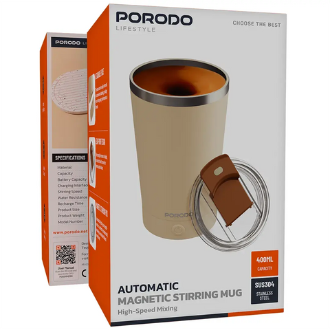 Porodo Lifestyle Automatic Magnetic Stirring Mug 400ml with High-Speed Mixing & USB-C Fast Charging