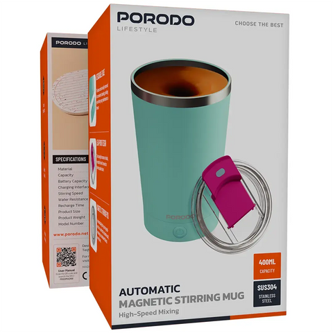 Porodo Lifestyle Automatic Magnetic Stirring Mug 400ml with High-Speed Mixing & USB-C Fast Charging
