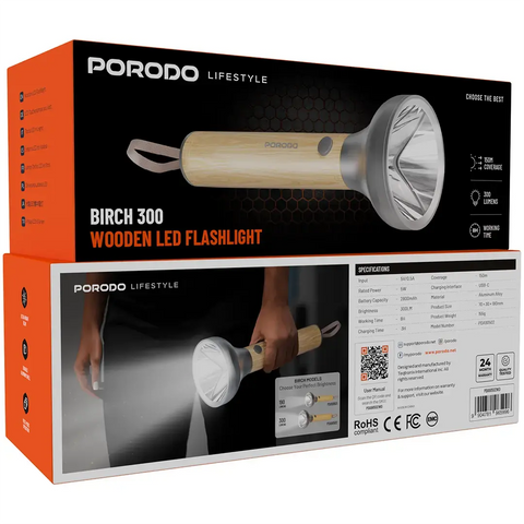 Porodo Lifestyle Birch 300 Wooden LED Flashlight - Wooden