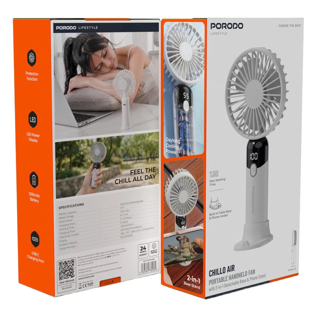 Porodo Lifestyle Chillo Air Portable Handheld Fan With 2-in-1 Detachable Base & Phone Stand