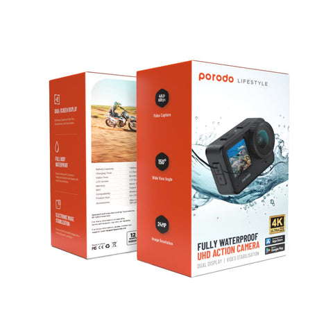 Porodo Lifestyle Fully Waterproof UHD Action Camera - Dual Display with Video Stabilisation
