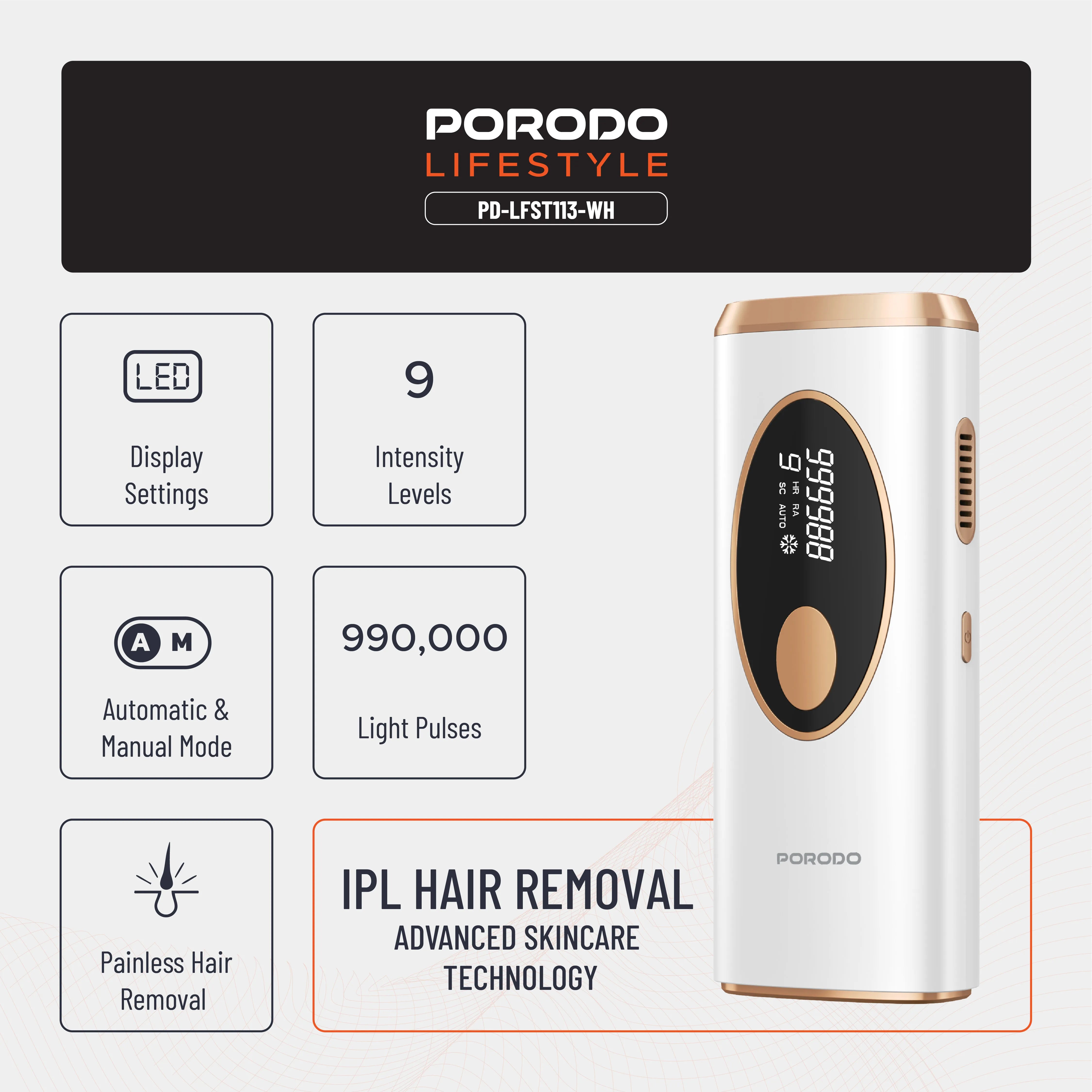 Porodo Lifestyle IPL Hair Removal Device with 9 Energy Levels & Cooling Technology - White