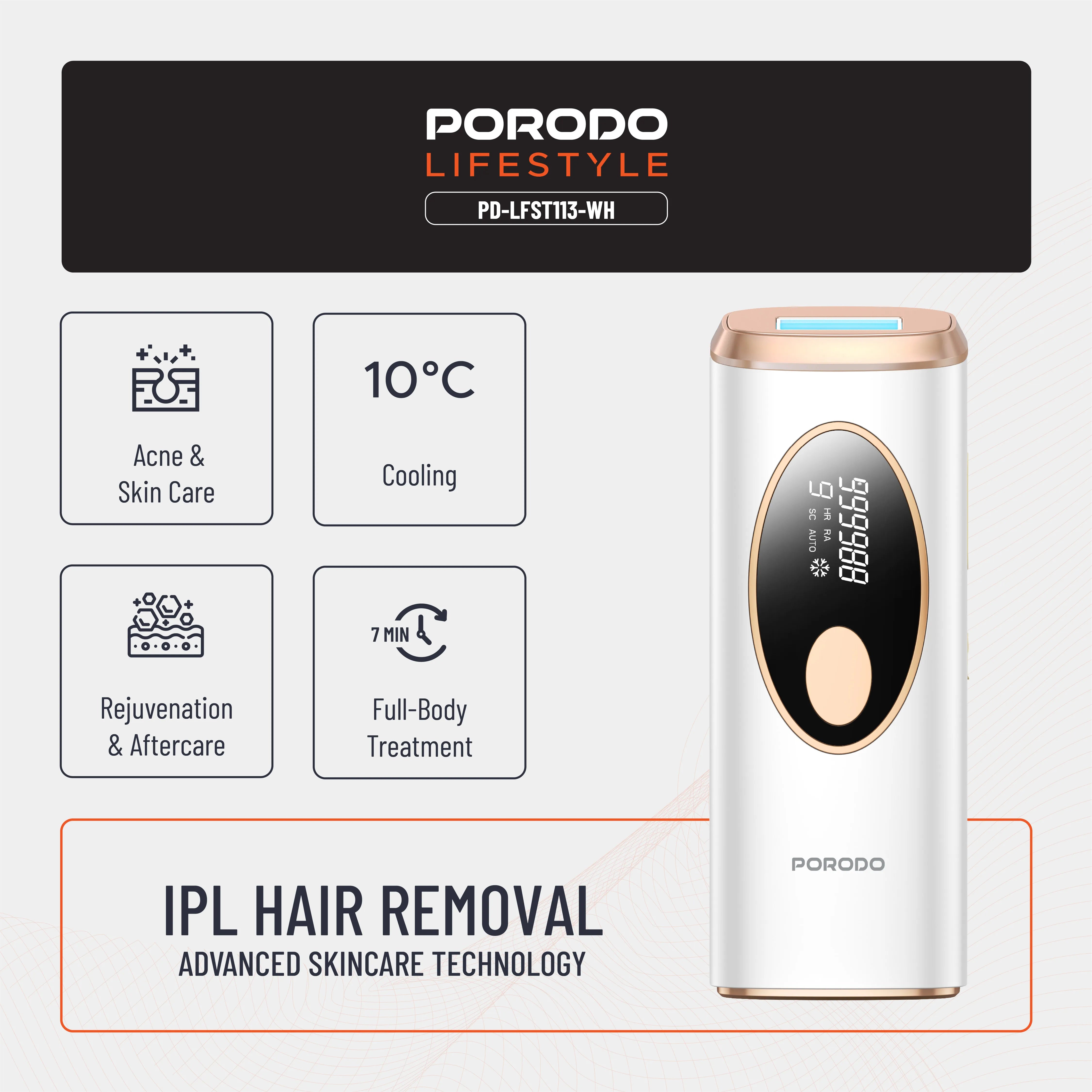 Porodo Lifestyle IPL Hair Removal Device with 9 Energy Levels & Cooling Technology - White