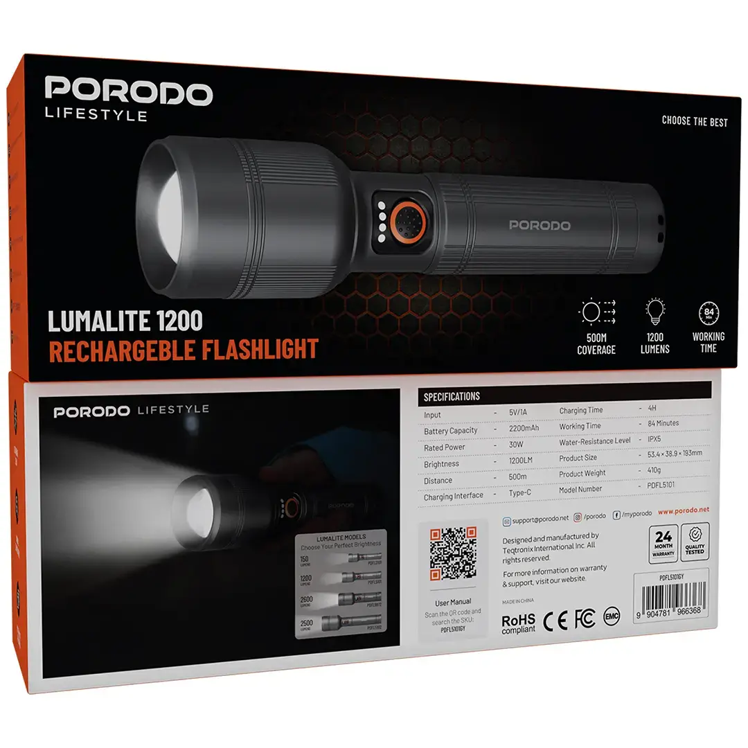 Porodo Lifestyle Lumalite 1200 Rechargeable Flashlight - Gray