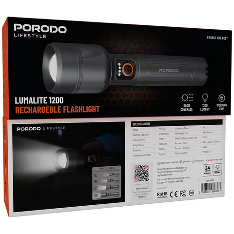 Porodo Lifestyle Lumalite 1200 Rechargeable Flashlight - Gray