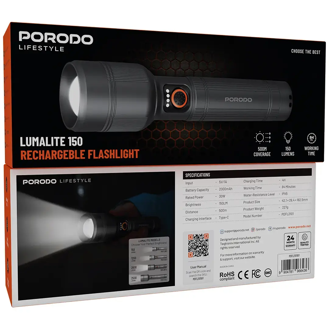 Porodo Lifestyle Lumalite 150 Rechargeable Flashlight - Gray
