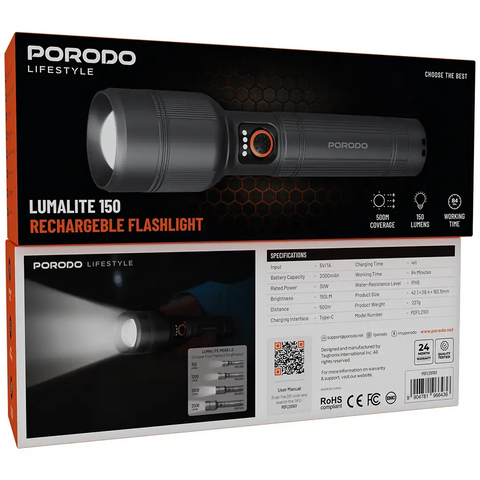Porodo Lifestyle Lumalite 150 Rechargeable Flashlight - Gray
