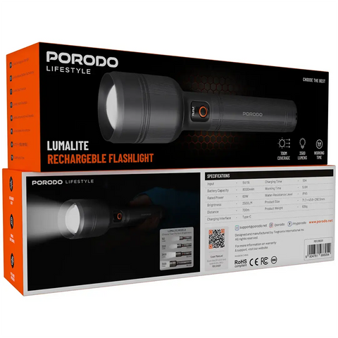 Porodo Lifestyle Lumalite 2500 Rechargeable Flashlight - Grey