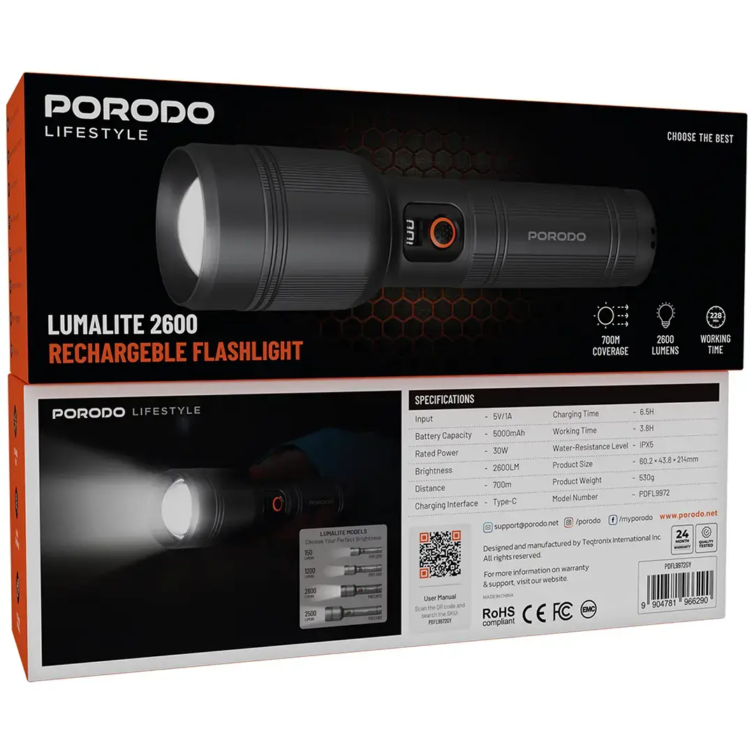 Porodo Lifestyle Lumalite 2600 Rechargeable Flashlight - Grey