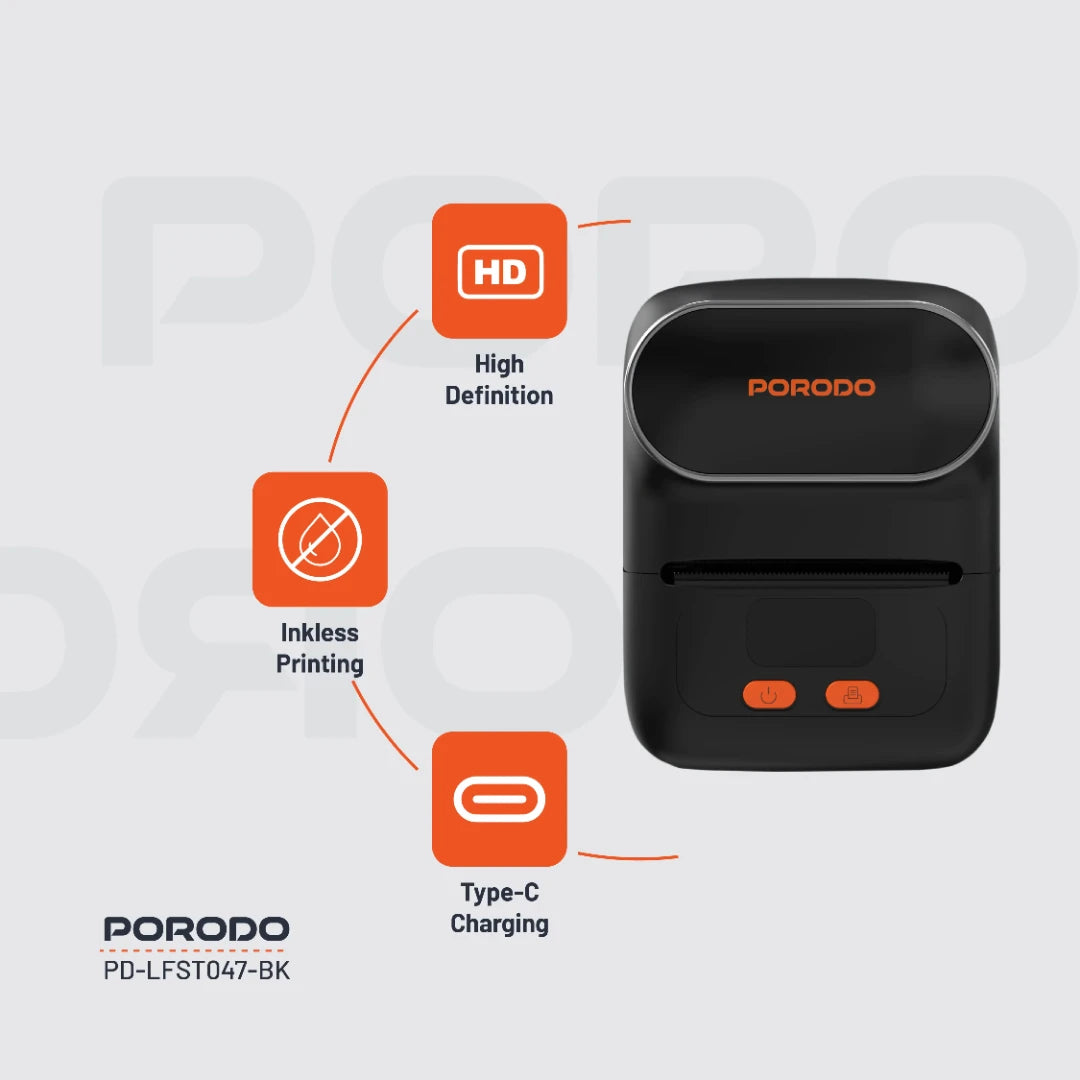 Porodo Lifestyle Super HD Thermal Printer 203DPI – Portable Inkless Label & Receipt Printer with Type-C Charging