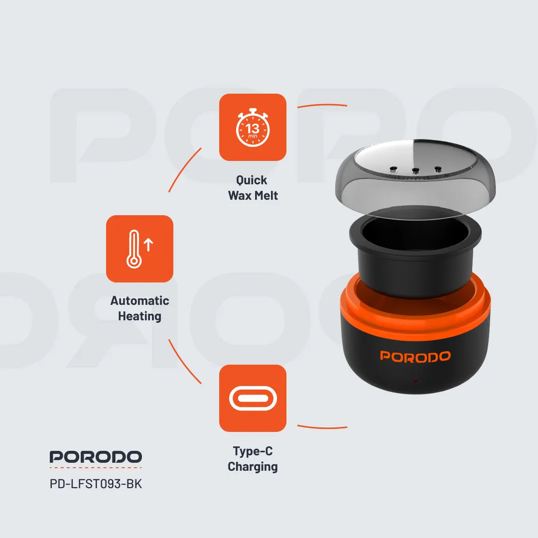 Porodo Lifestyle Wax Warming Hair Removal Kit with Mini Warmer, Quick Melt & Type-C Charging