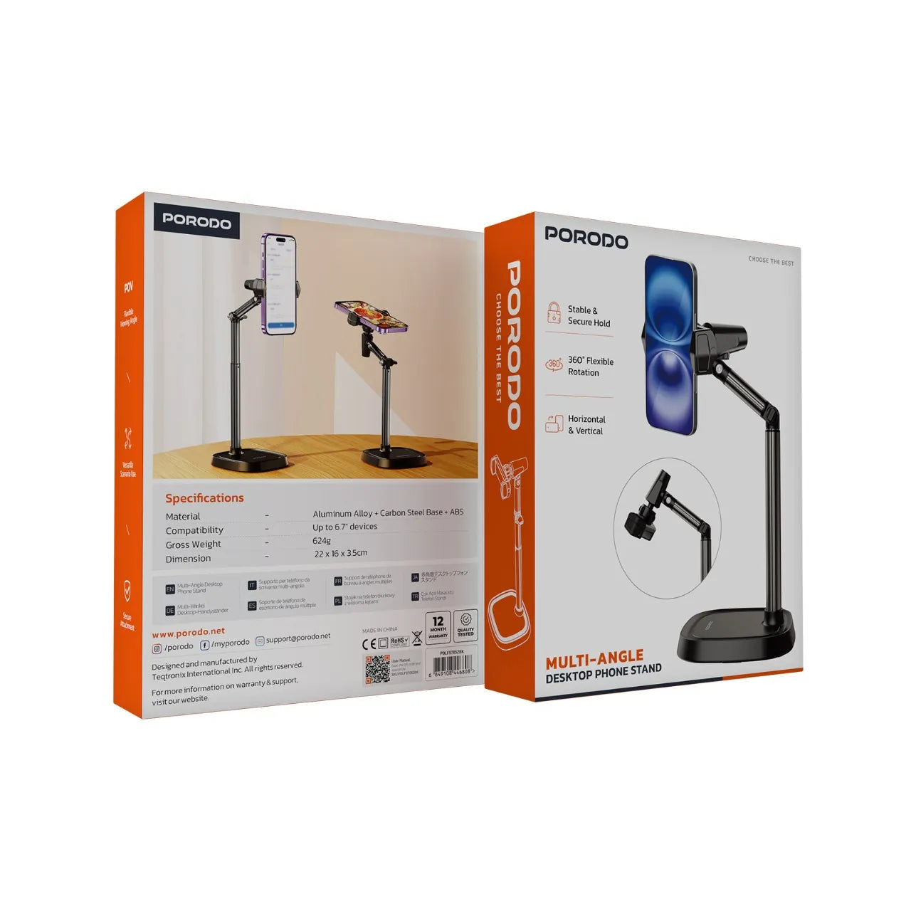 Porodo Multi-Angle Desktop Phone Stand - Black