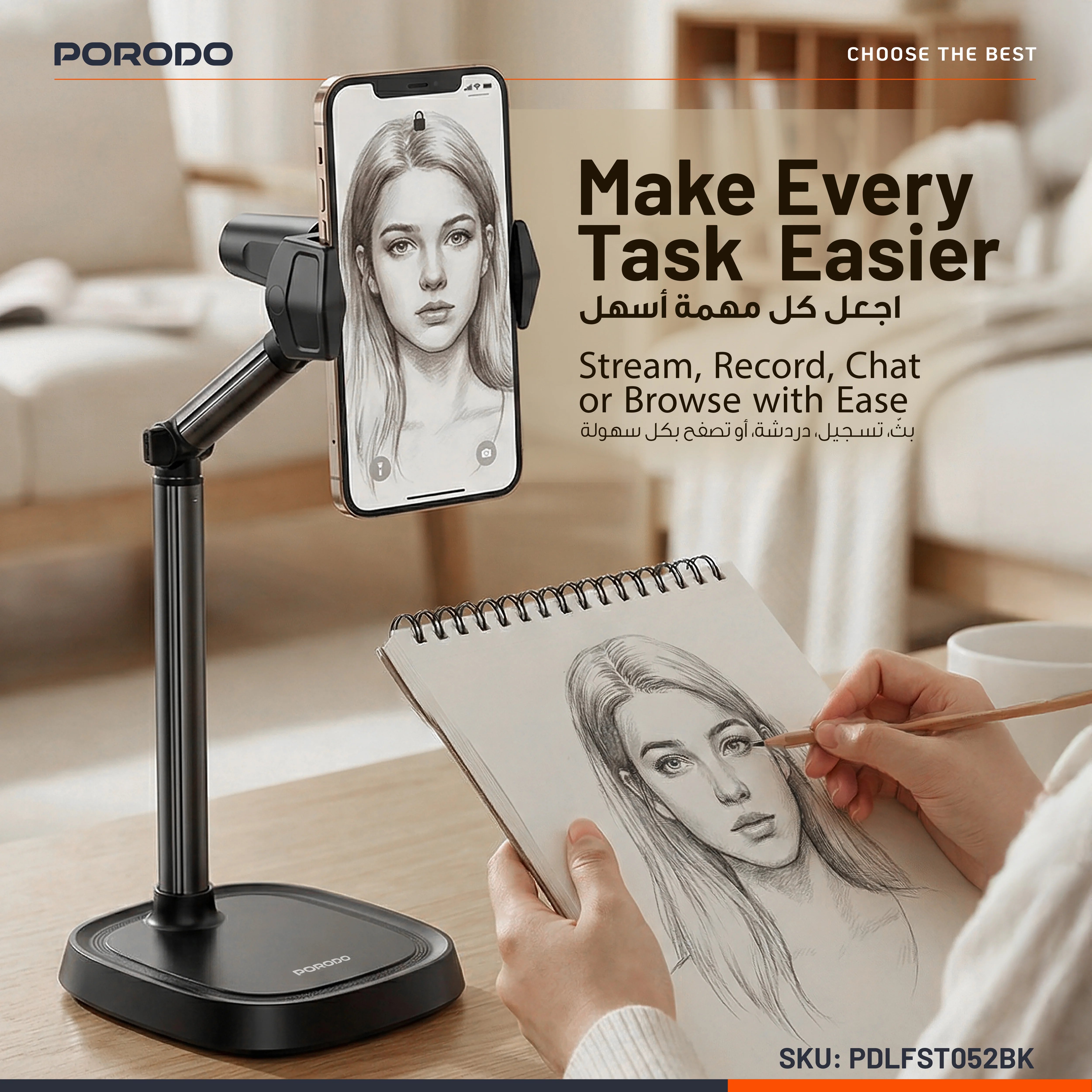 Porodo Multi-Angle Desktop Phone Stand - Black