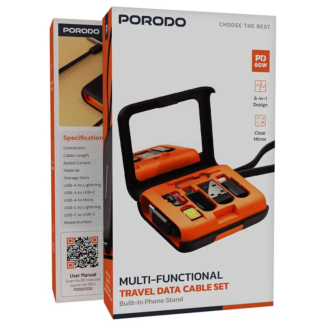 Porodo PDS0013OG, Multi-Functional Travel Data Cable Set - Orange