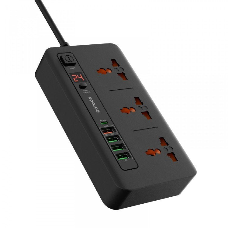 Porodo Multi-Port Power Hub with 3 AC Outlets, USB-C PD 20W, USB-A QC & 24H Timer - 2M