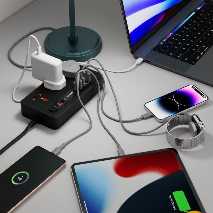 Porodo Multi-Port Power Hub with 3 AC Outlets, USB-C PD 20W, USB-A QC & 24H Timer - 2M