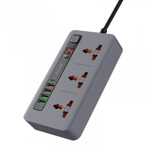 Porodo Multi-Port Power Hub with 3 AC Outlets, USB-C PD 20W, USB-A QC & 24H Timer - 2M