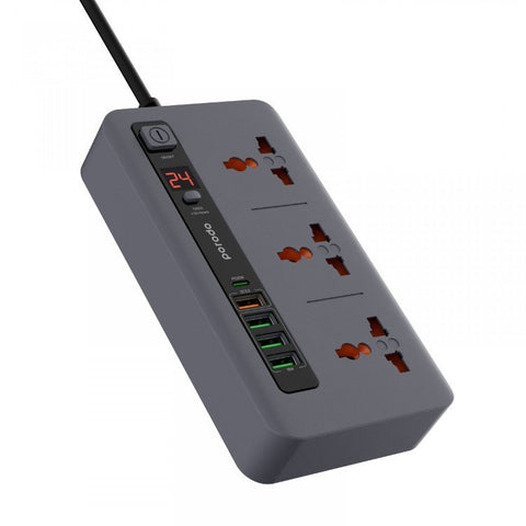Porodo Multi-Port Power Hub with 3 AC Outlets, USB-C PD 20W, USB-A QC & 24H Timer - 2M