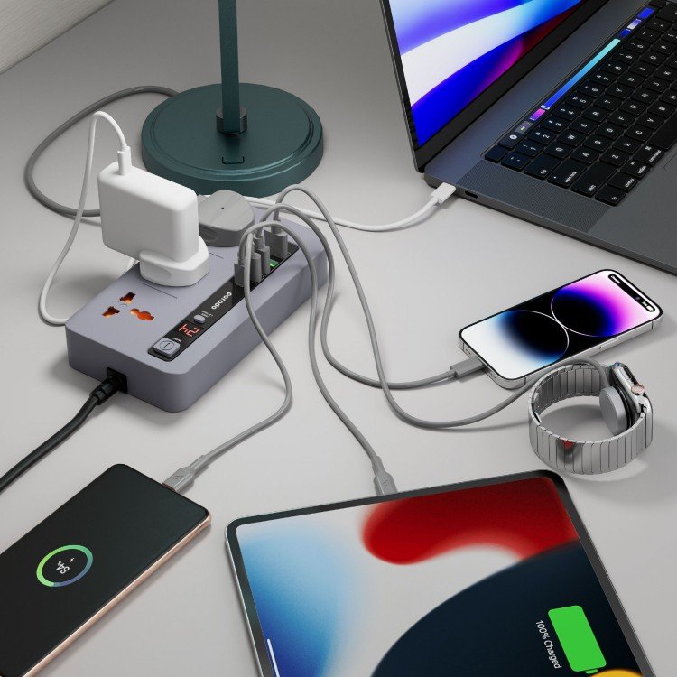 Porodo Multi-Port Power Hub with 3 AC Outlets, USB-C PD 20W, USB-A QC & 24H Timer - 2M