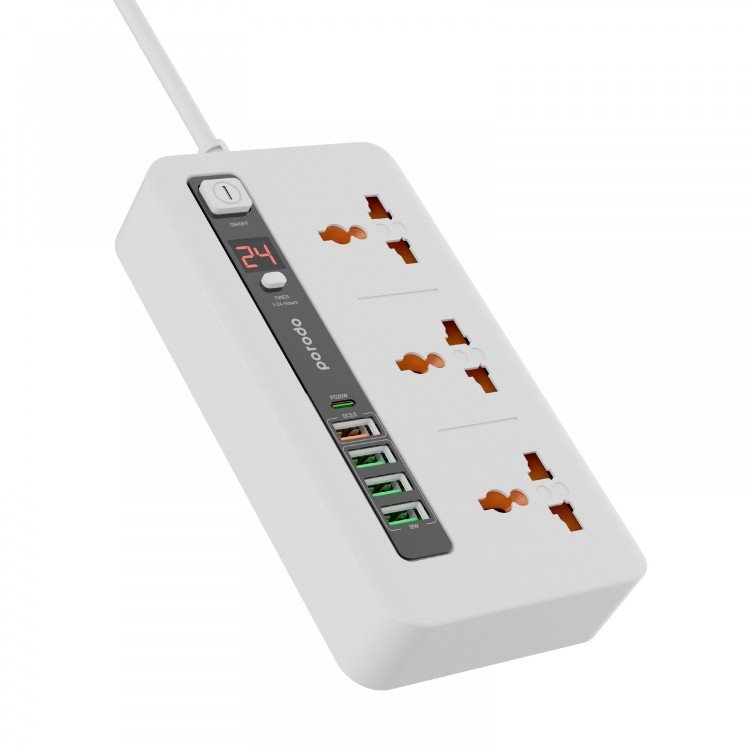 Porodo Multi-Port Power Hub with 3 AC Outlets, USB-C PD 20W, USB-A QC & 24H Timer - 2M