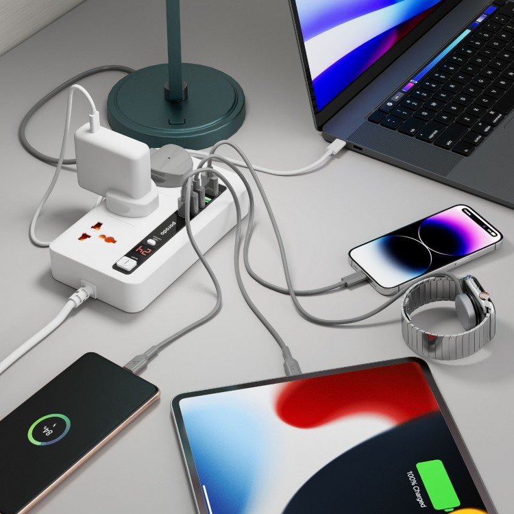 Porodo Multi-Port Power Hub with 3 AC Outlets, USB-C PD 20W, USB-A QC & 24H Timer - 2M