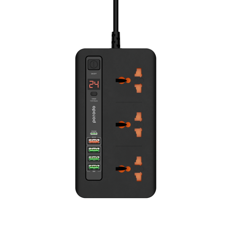 Porodo Multi-Port Power Hub with 3 AC Outlets, USB-C PD 20W, USB-A QC & 24H Timer - 2M