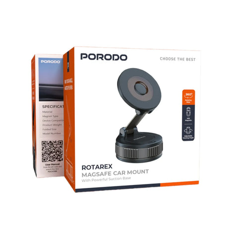 Porodo Rotarex MagSafe Car Mount with Powerful Suction Base, 360° Rotation & N52 Magnets - Black