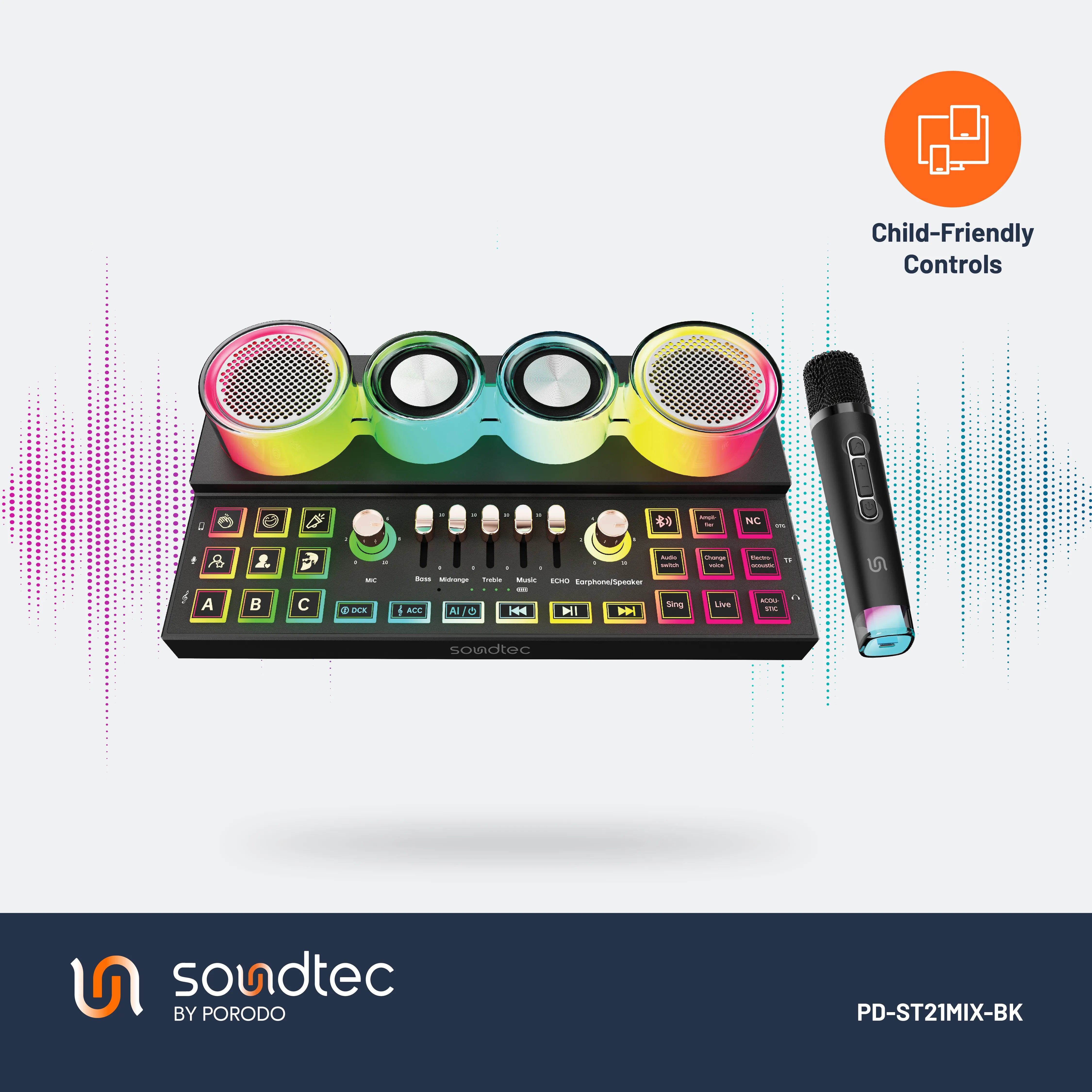Porodo Soundtec Audiolink Audio Mixer & Speaker with Wireless Mic - Black
