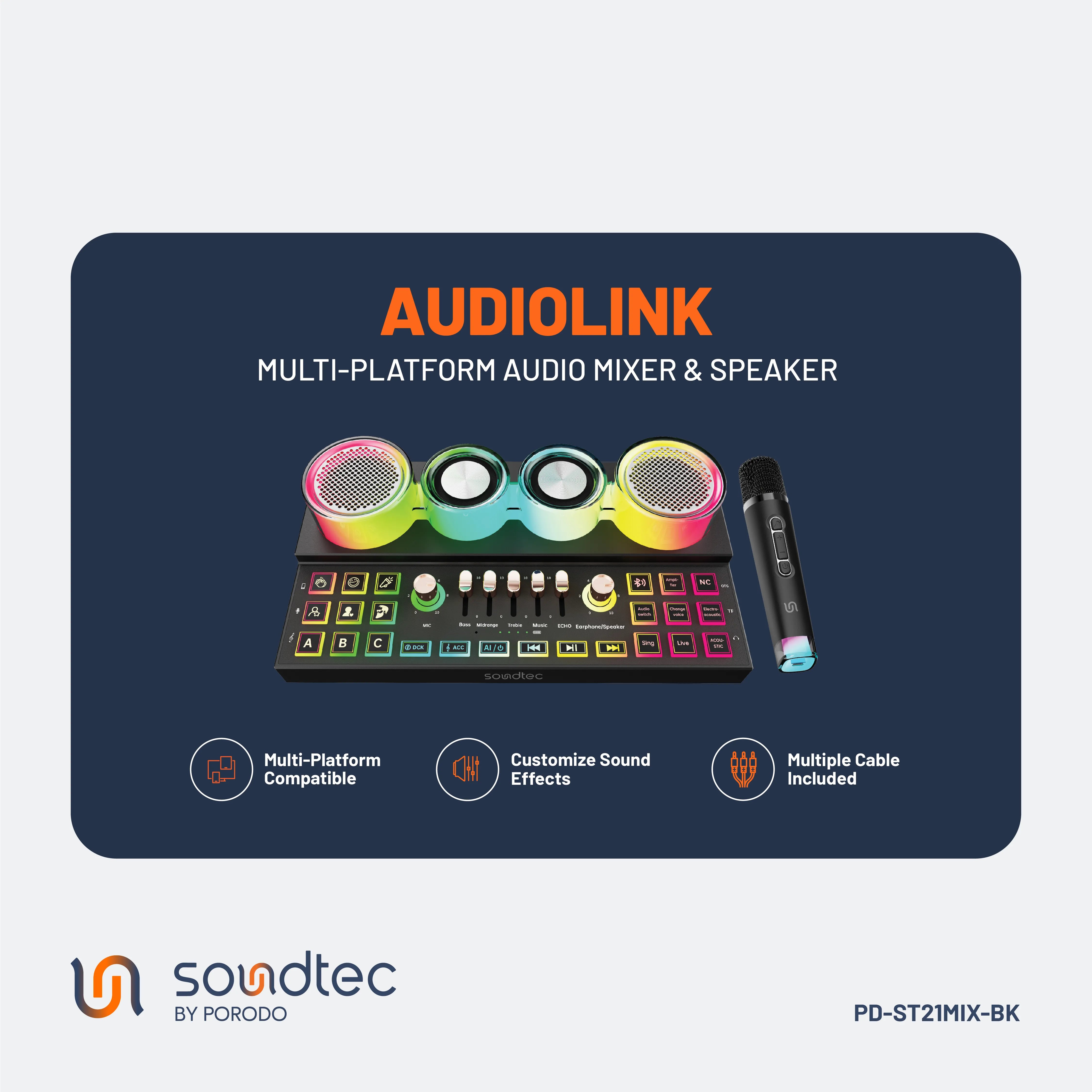 Porodo Soundtec Audiolink Audio Mixer & Speaker with Wireless Mic - Black