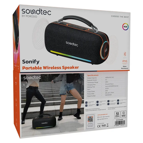 Porodo PDSTBTSH9BK, Soundtec Sonify Portable Wireless Speaker - Black