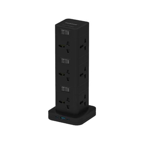 Porodo, Three-Story 12AC Power Hub With USB-C PD & Quick Charge 3.0 - Black