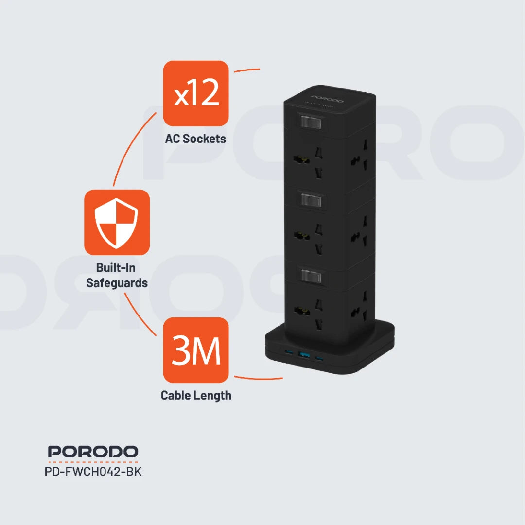 بورودو، قاعدة طاقة بثلاثة طوابق مع 12 منفذ AC ومنفذ USB-C PD وشحن سريع 3.0 - أسود